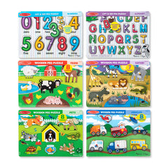 Wooden Peg Puzzle 6-Pack: Vehicles, Numbers, Safari, Farm, Pets, Alphabet