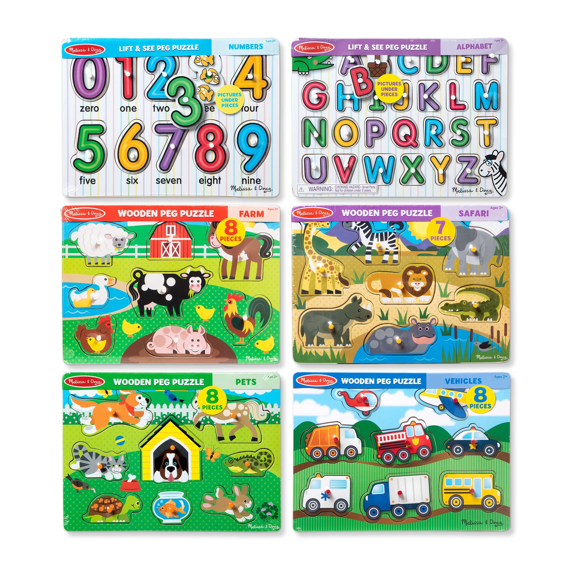 Wooden Peg Puzzle 6-Pack: Vehicles, Numbers, Safari, Farm, Pets, Alphabet