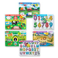 Wooden Peg Puzzle 6-Pack: Vehicles, Numbers, Safari, Farm, Pets, Alphabet