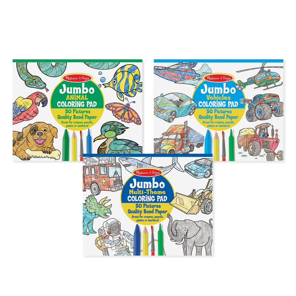Coloring Pad 3-Pack: Animals, Vehicles, Multi-Theme