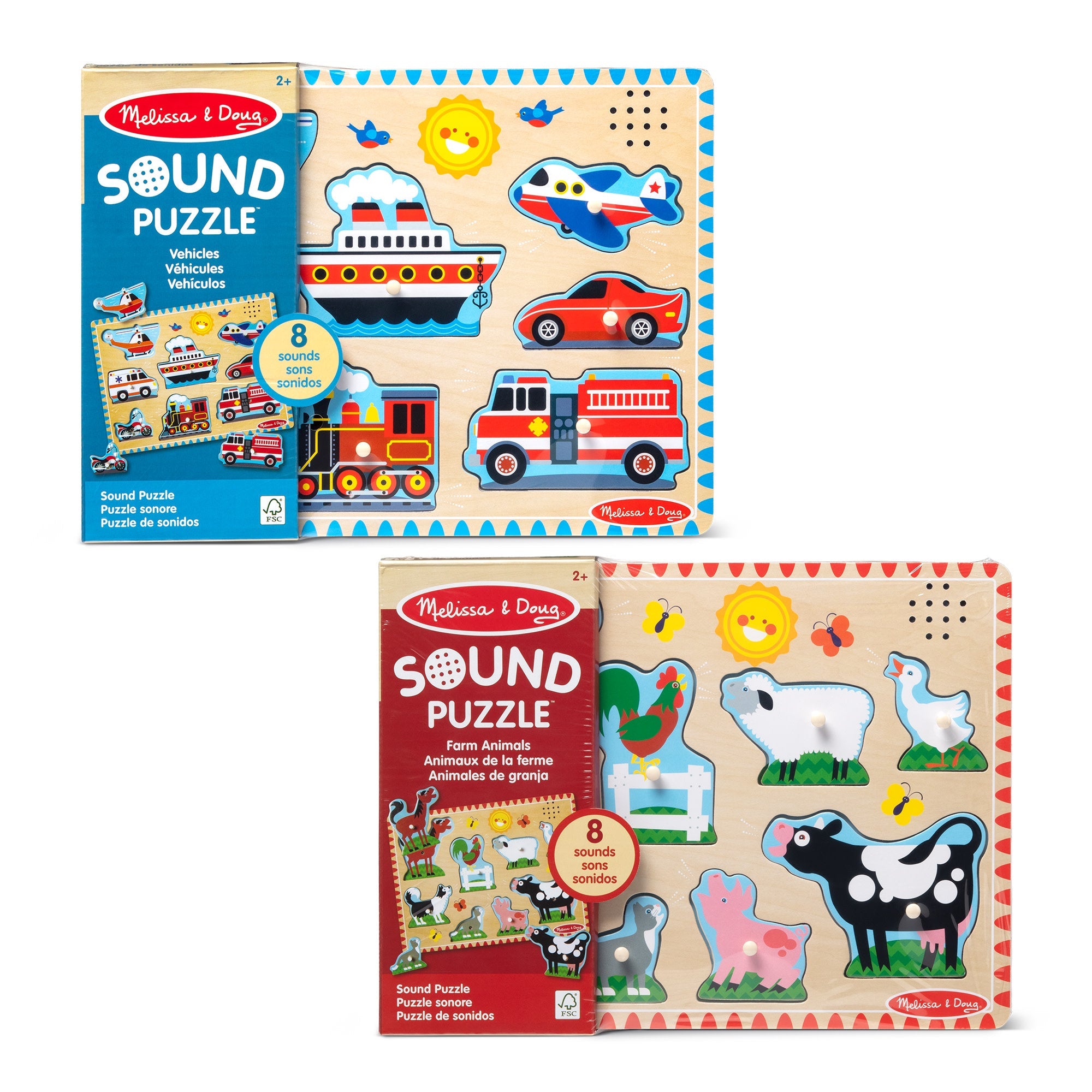 Wooden Sound Puzzle 2-Pack – Farm Animals, Vehicles
