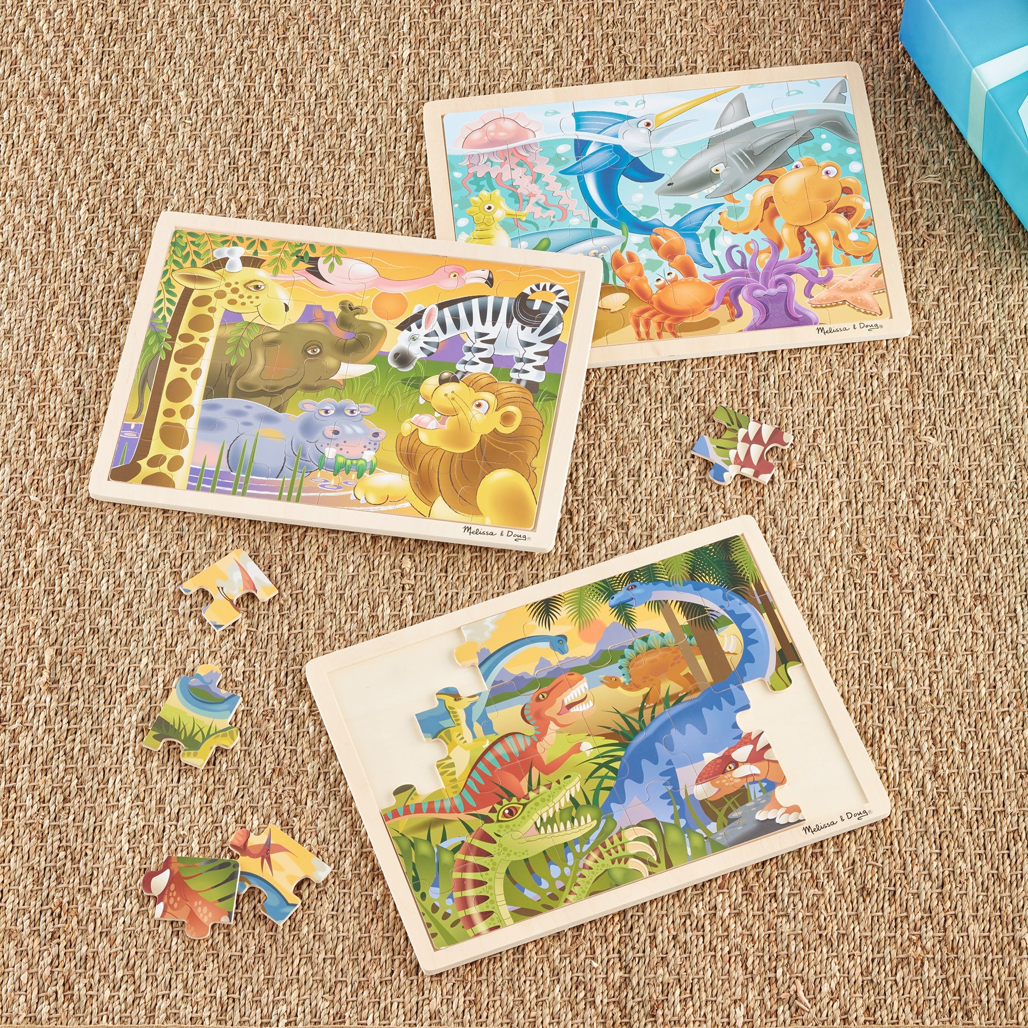 Wooden Jigsaw Puzzle 3-Pack: Dinosaur, African Plains, Under the Sea