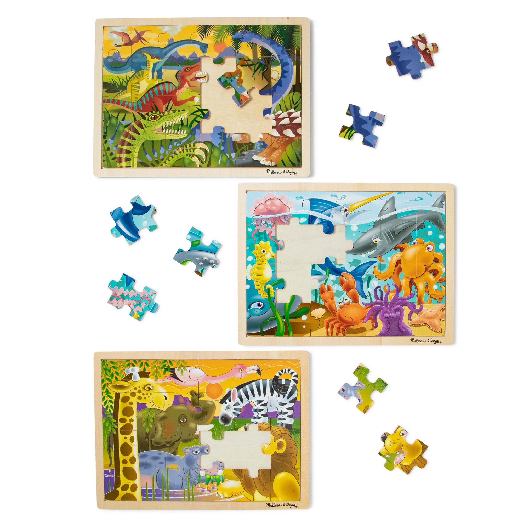 Wooden Jigsaw Puzzle 3-Pack: Dinosaur, African Plains, Under the Sea