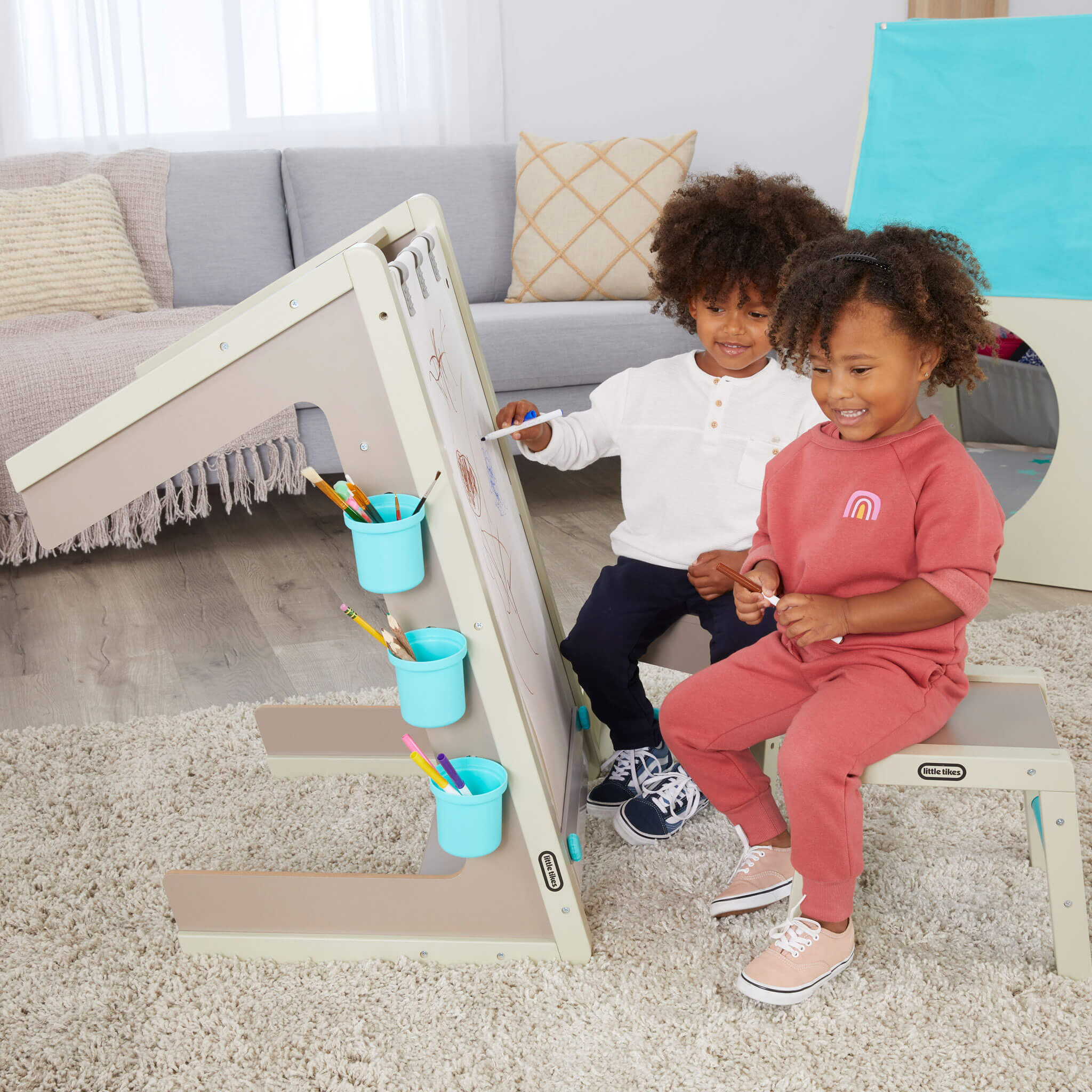 2-in-1 Easel and Art Table with Stools, Storage, and Paper Roll Clamp