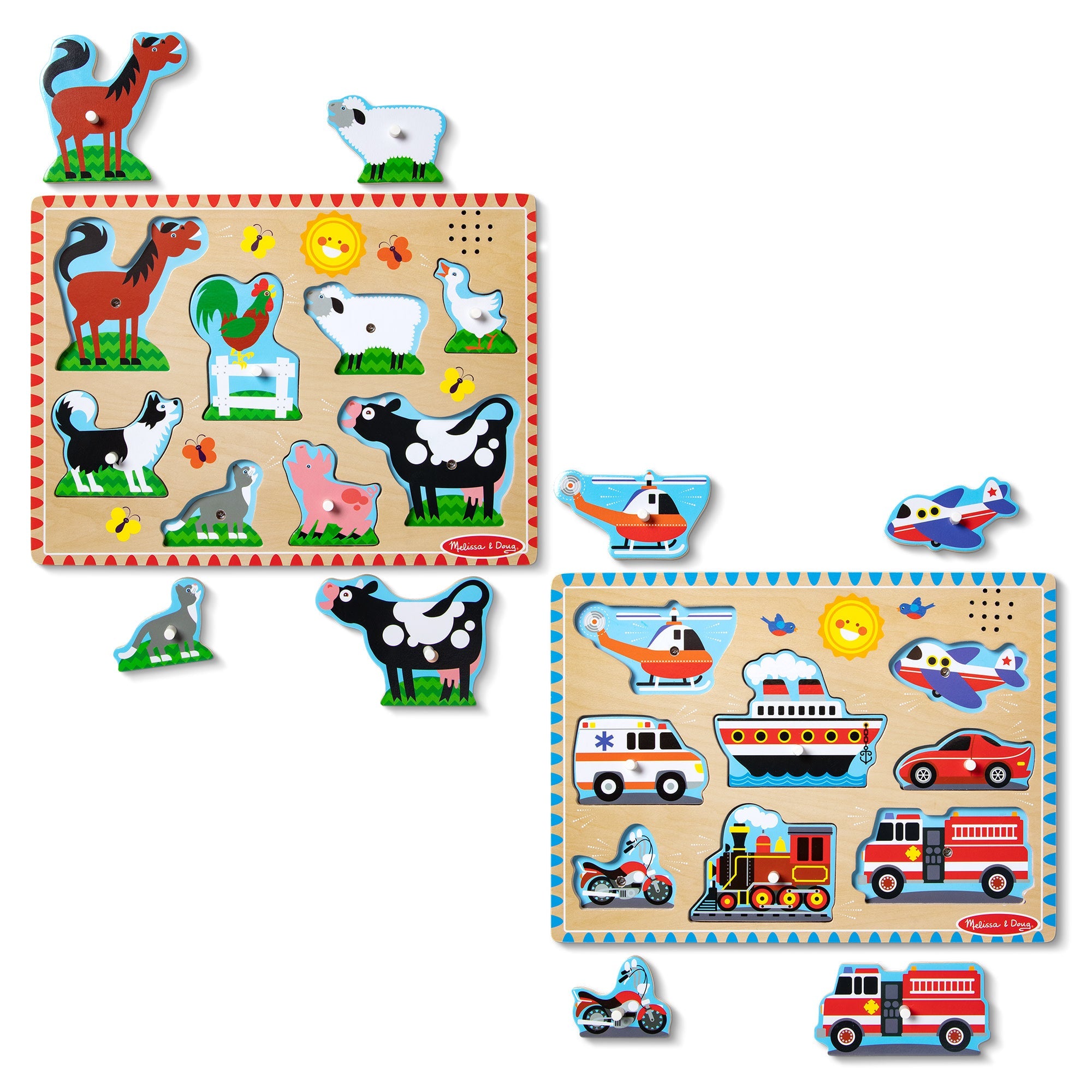 Wooden Sound Puzzle 2-Pack – Farm Animals, Vehicles