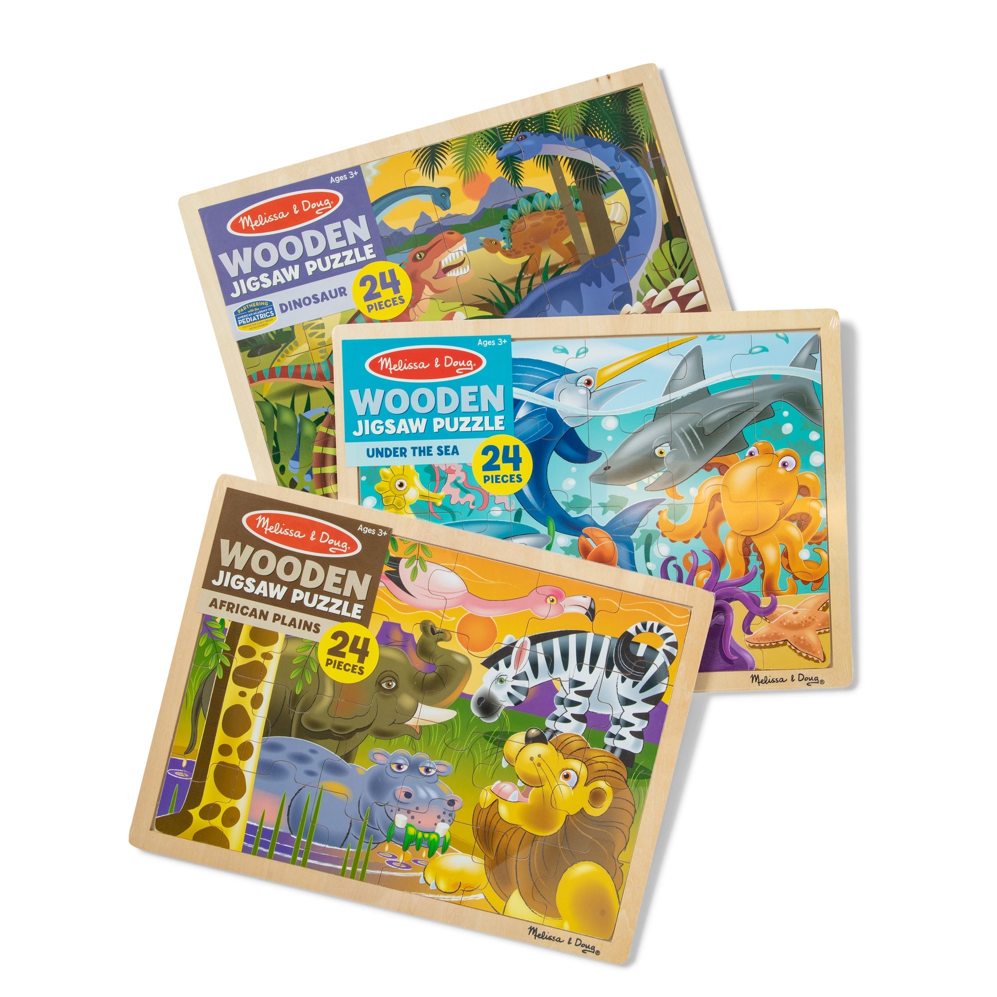 Wooden Jigsaw Puzzle 3-Pack: Dinosaur, African Plains, Under the Sea