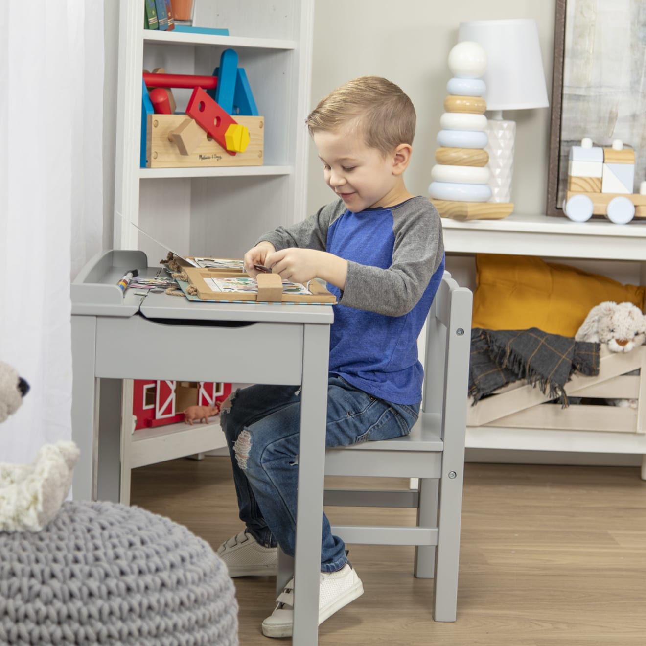 Child's Lift-Top Desk & Chair - Gray