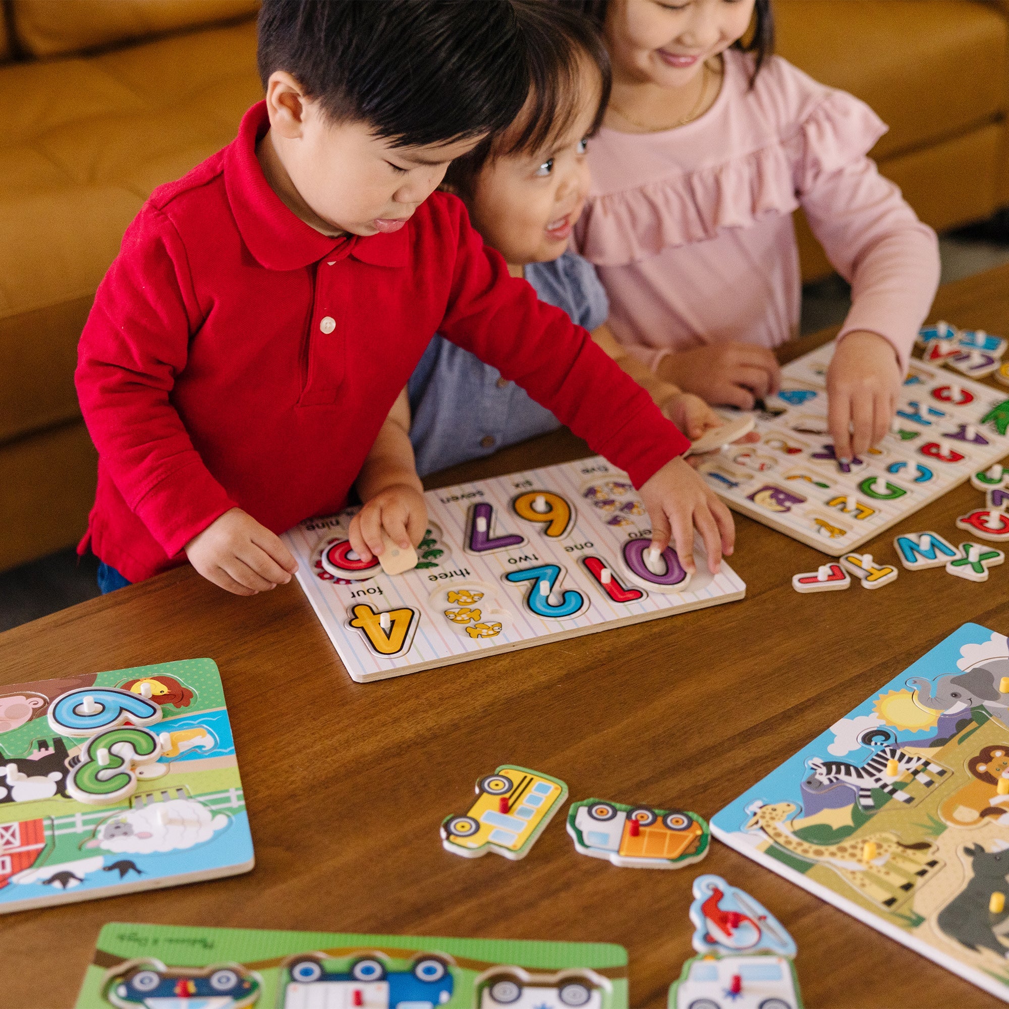 Wooden Peg Puzzle 6-Pack: Vehicles, Numbers, Safari, Farm, Pets, Alphabet